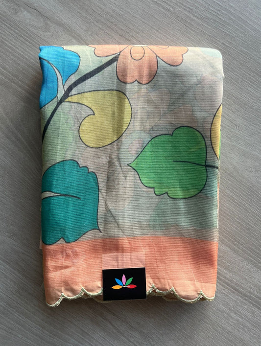 Light Beige Scallop Border Digital Printed Mangalagiri Silk Cotton Saree-29324