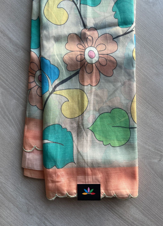 Light Beige Scallop Border Digital Printed Mangalagiri Silk Cotton Saree-29324