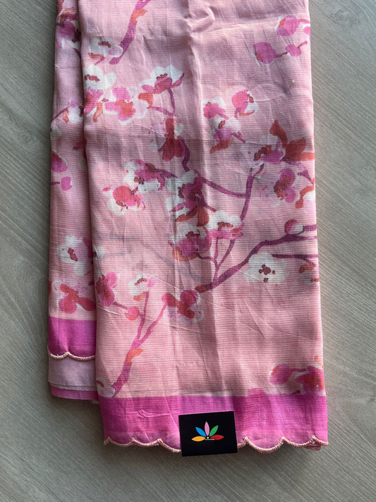 Pastel Pink Scallop Border Digital Printed Mangalagiri Silk Cotton Saree - 32301