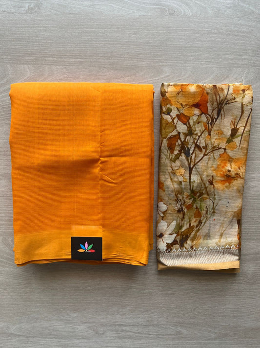 Vibrant Deep Orange Handloom Mangalagiri Silk Cotton Saree With Warm Autumn Inspired Digital Printed Blouse Fabric -29329