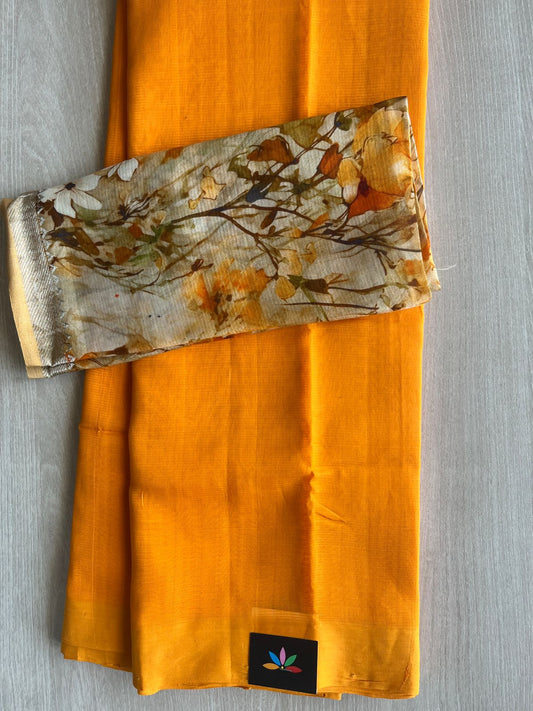 Vibrant Deep Orange Handloom Mangalagiri Silk Cotton Saree With Warm Autumn Inspired Digital Printed Blouse Fabric -29329