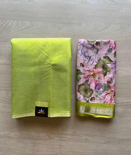 Bright Yellow-Green Handloom Mangalagiri Silk Cotton Saree With Flamingo Pink Digital Printed Blouse Fabric -29331