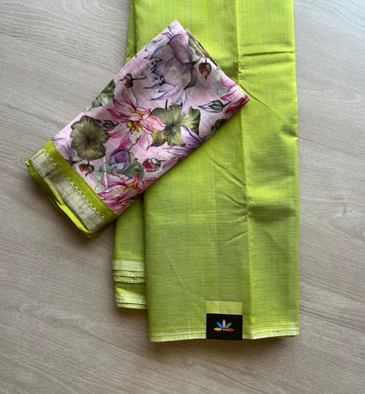 Bright Yellow-Green Handloom Mangalagiri Silk Cotton Saree With Flamingo Pink Digital Printed Blouse Fabric -29331