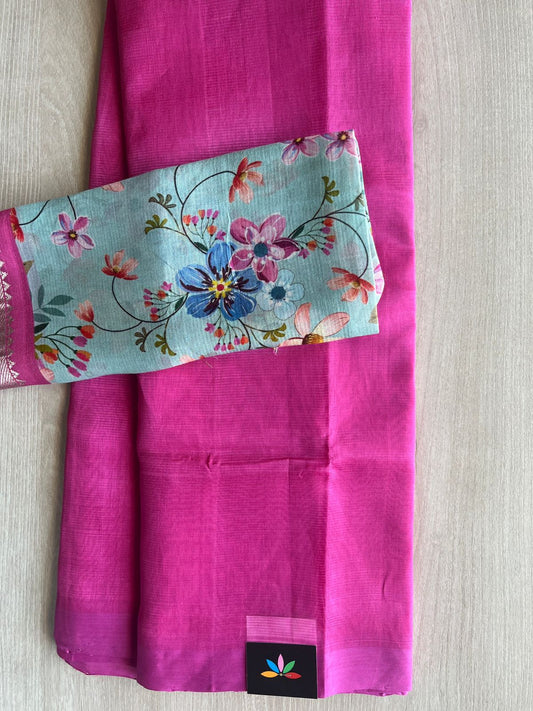 Vibrant Magenta Pink Handloom Mangalagiri Silk Cotton Saree With Sky Blue Digital Printed Blouse Fabric -29332