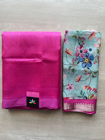 Vibrant Magenta Pink Handloom Mangalagiri Silk Cotton Saree With Sky Blue Digital Printed Blouse Fabric -29332