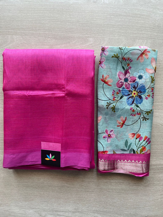Vibrant Magenta Pink Handloom Mangalagiri Silk Cotton Saree With Sky Blue Digital Printed Blouse Fabric -29332