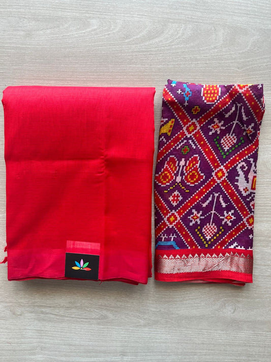 Rich Red Handloom Mangalagiri Silk Cotton Saree With Purple Digital Printed Blouse Fabric -29333