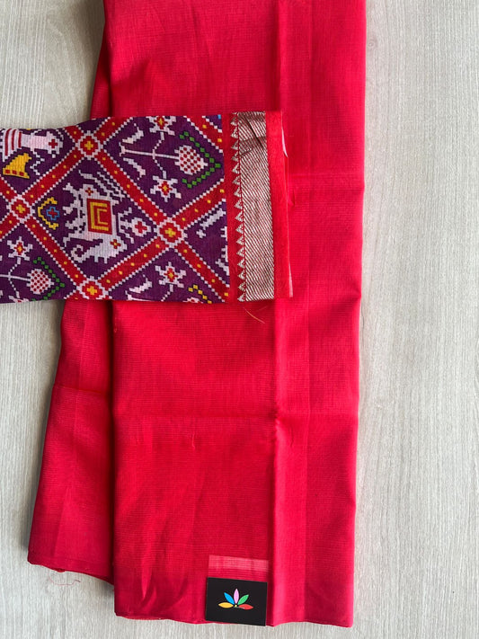 Rich Red Handloom Mangalagiri Silk Cotton Saree With Purple Digital Printed Blouse Fabric -29333