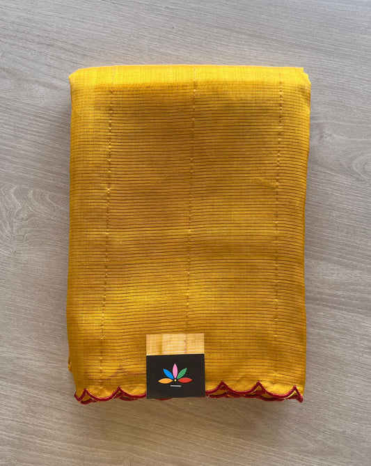 Mustard Yellow & Deep Red, Scallop Border Mangalagiri Silk Cotton Saree-29341