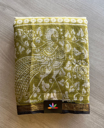 Olive Green, Printed Soft Kota Kalamkari Saree- 29344