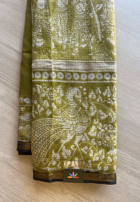 Olive Green, Printed Soft Kota Kalamkari Saree- 29344