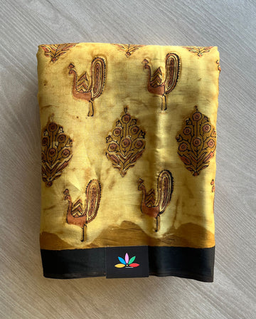 Warm Golden Yellow Natural Dye Hand block Printed Modal Silk Saree -29351