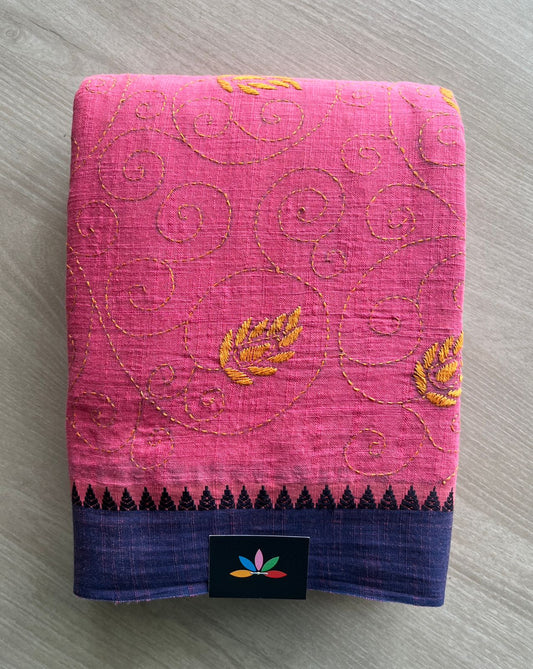 Dusty Pink & Purple Hand Embroidered Kantha Stitched Cotton Saree -29357