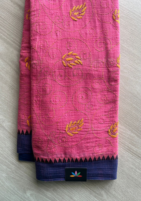 Dusty Pink & Purple Hand Embroidered Kantha Stitched Cotton Saree -29357