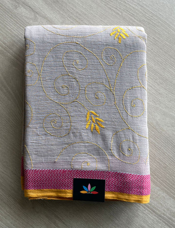Soft Grey Hand Embroidered Kantha Stitched Cotton Saree -29358
