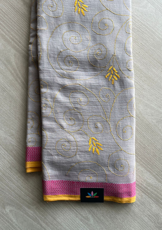 Soft Grey Hand Embroidered Kantha Stitched Cotton Saree -29358