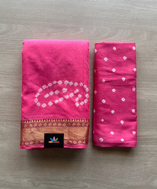 Bright Rani Pink Resham Border Tie and Dye Handcrafted Bandhani Cotton Saree  -29361