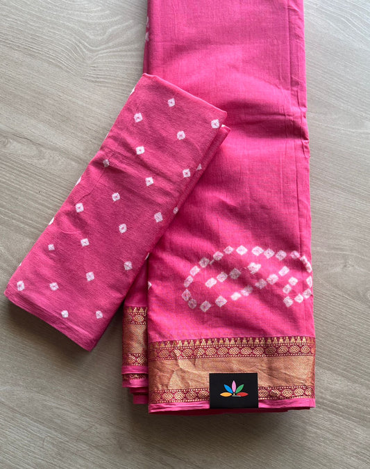 Bright Rani Pink Resham Border Tie and Dye Handcrafted Bandhani Cotton Saree  -29361