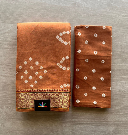 Copper-Orange Resham Border Tie and Dye Handcrafted Bandhani Cotton Saree  -29368