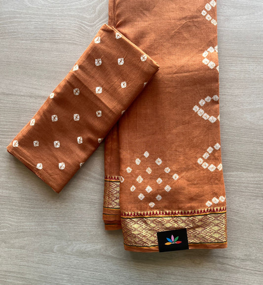 Copper-Orange Resham Border Tie and Dye Handcrafted Bandhani Cotton Saree  -29368