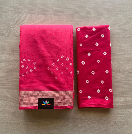 Bright Pink Resham Border Tie and Dye Handcrafted Bandhani Cotton Saree  -29371