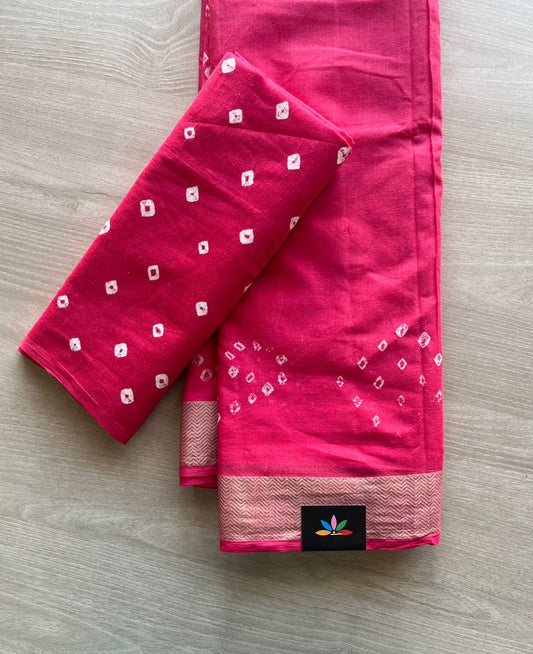 Bright Pink Resham Border Tie and Dye Handcrafted Bandhani Cotton Saree  -29371