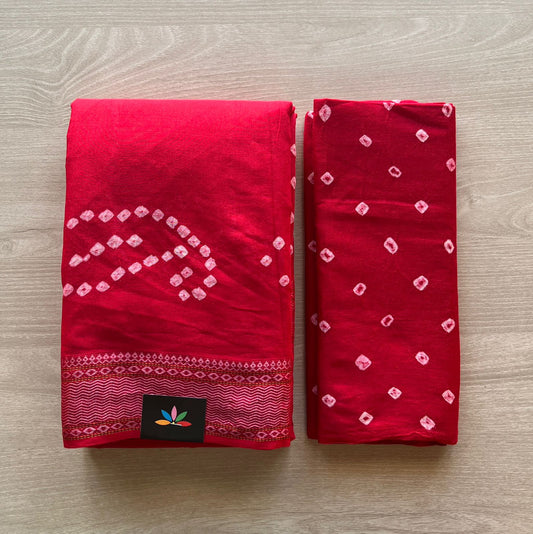 Deep Red Resham Border Tie and Dye Handcrafted Bandhani Cotton Saree  -29373