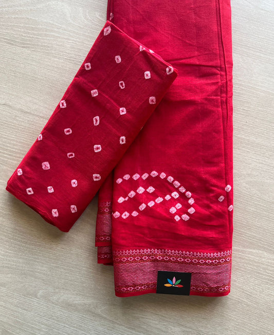 Deep Red Resham Border Tie and Dye Handcrafted Bandhani Cotton Saree  -29373