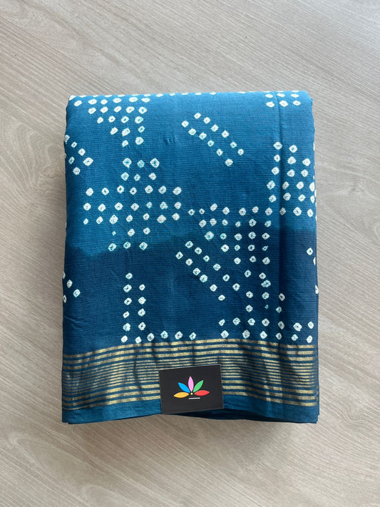 Rich Teal-Blue Zari Border Tie and Dye Handcrafted Bandhani Fine Cotton Saree-29376