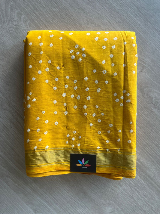 Bright Mustard Yellow Zari Border Tie and Dye Handcrafted Bandhani Fine Cotton Saree-29377