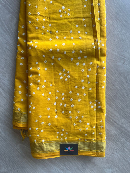 Bright Mustard Yellow Zari Border Tie and Dye Handcrafted Bandhani Fine Cotton Saree-29377