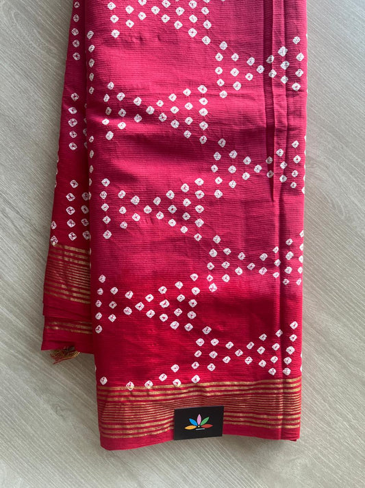 Bright Pink & Red Merged Zari Border Tie and Dye Handcrafted Bandhani Fine Cotton Saree-29378