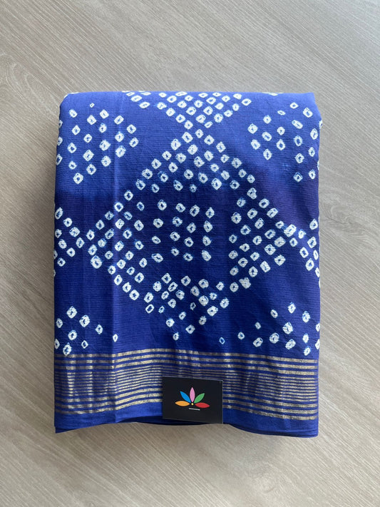 Deep Royal Blue Zari Border Tie and Dye Handcrafted Bandhani Fine Cotton Saree-29379