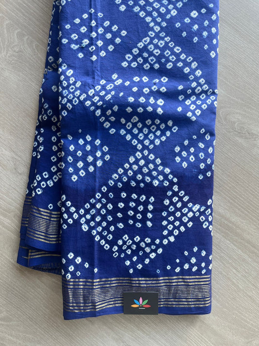 Deep Royal Blue Zari Border Tie and Dye Handcrafted Bandhani Fine Cotton Saree-29379