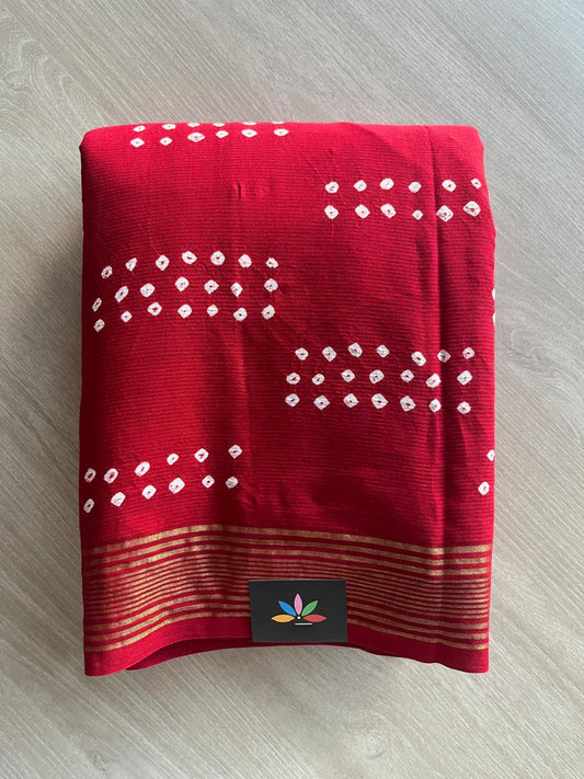 Bright Red Zari Border Tie and Dye Handcrafted Bandhani Fine Cotton Saree-29381