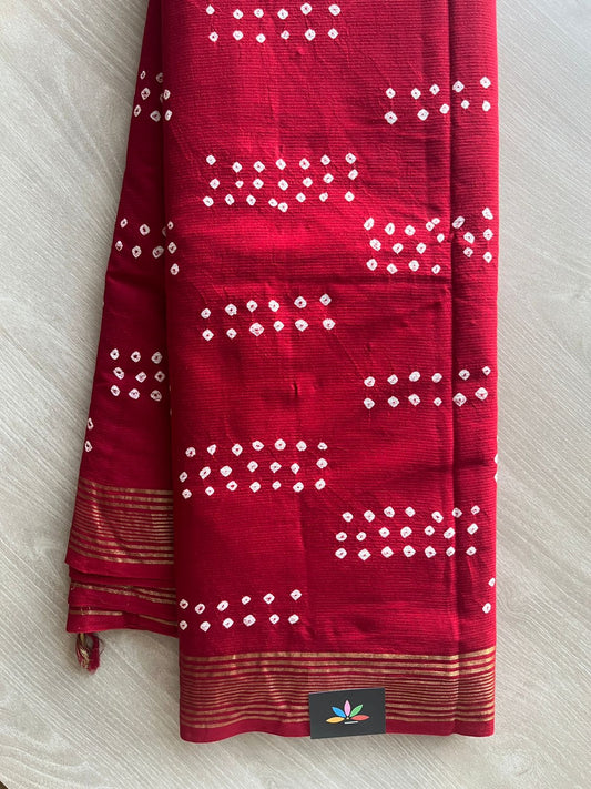 Bright Red Zari Border Tie and Dye Handcrafted Bandhani Fine Cotton Saree-29381