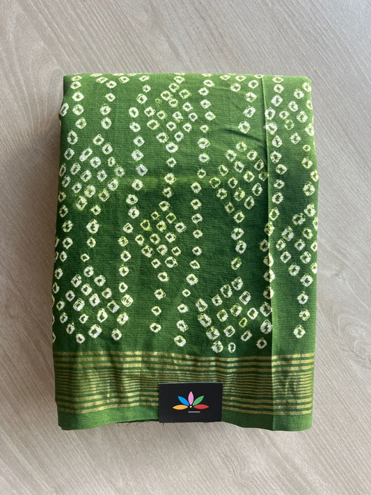 Leaf Green Zari Border Tie and Dye Handcrafted Bandhani Fine Cotton Saree-29382