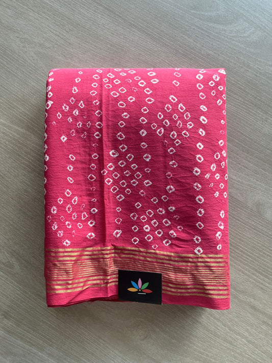Light Bright Pink Zari Border Tie and Dye Handcrafted Bandhani Fine Cotton Saree-29383