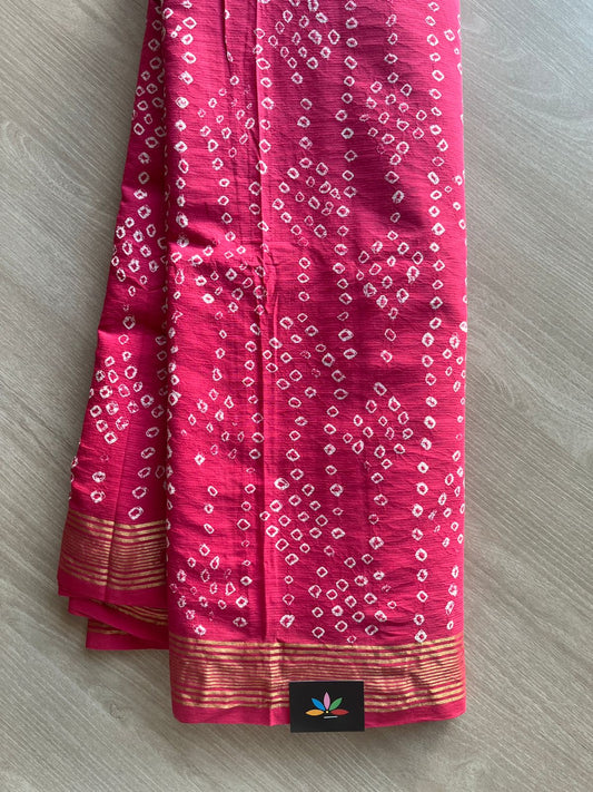 Light Bright Pink Zari Border Tie and Dye Handcrafted Bandhani Fine Cotton Saree-29383