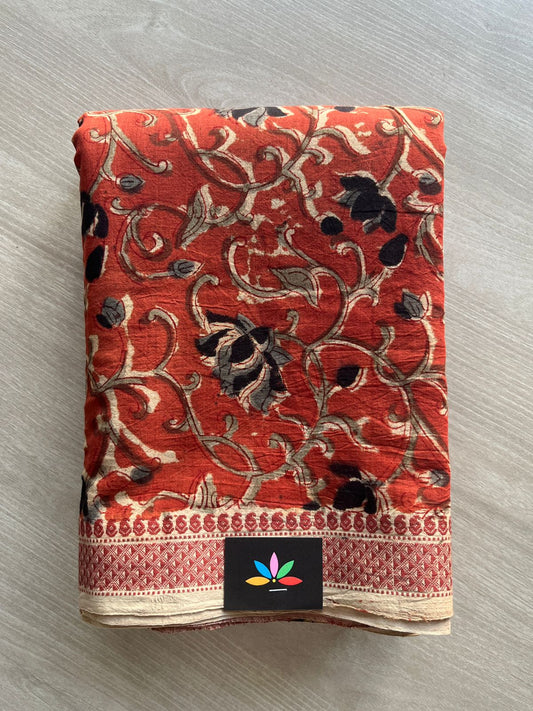 Terracotta Tone Natural Dye Kalamkari Handloom Mangalagiri Cotton Saree- 29388