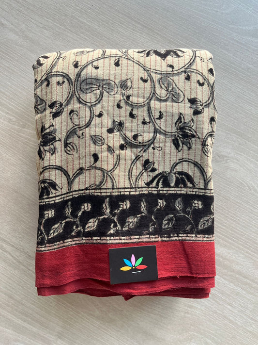 Offwhite Shade Natural Dye Kalamkari Handspun Cotton Saree  - 29386