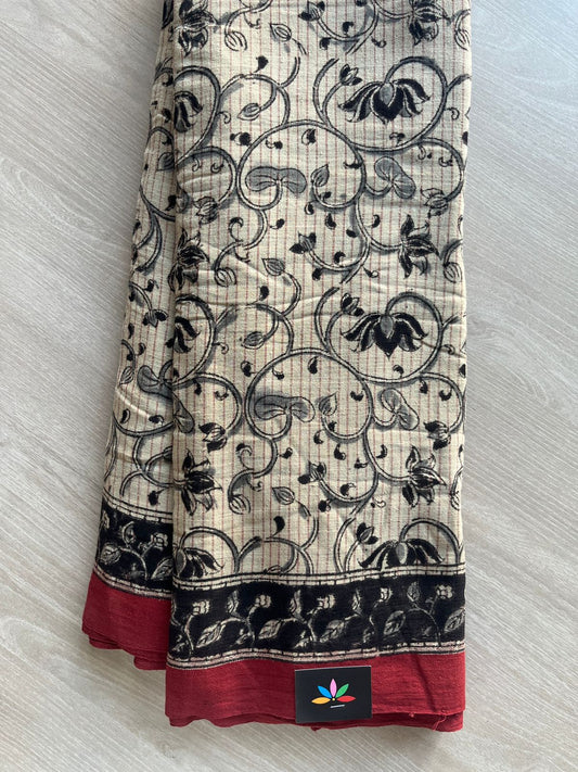 Offwhite Shade Natural Dye Kalamkari Handspun Cotton Saree  - 29386