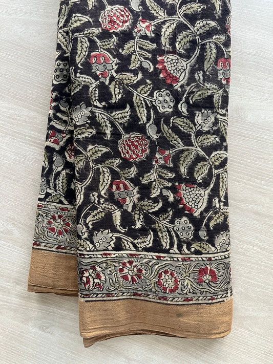 Charcoal Shade Natural Dye Kalamkari Handspun Cotton Saree  - 29387