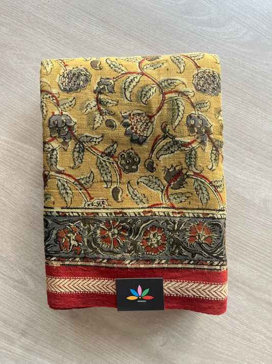 Deep Mustard Yellow Natural Dye Kalamkari Kuppadam Border Handspun Cotton Saree - 29384