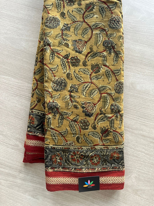 Deep Mustard Yellow Natural Dye Kalamkari Kuppadam Border Handspun Cotton Saree - 29384