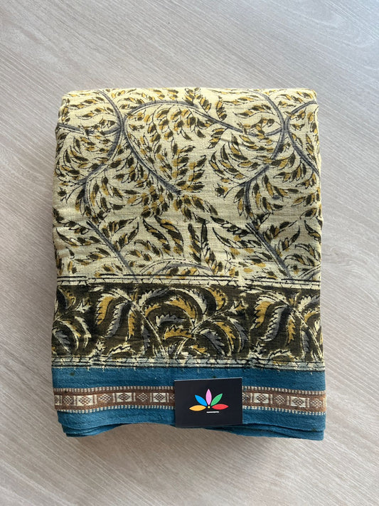 Light Cream Shade Natural Dye Kalamkari Kuppadam Border Handspun Cotton Saree - 29385