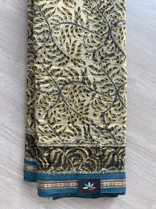 Light Cream Shade Natural Dye Kalamkari Kuppadam Border Handspun Cotton Saree - 29385