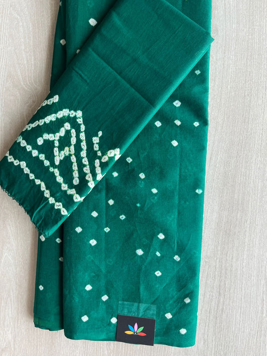 Deep Emerald Green Tie and Dye Handcrafted  Bandhani Cotton Saree -29395