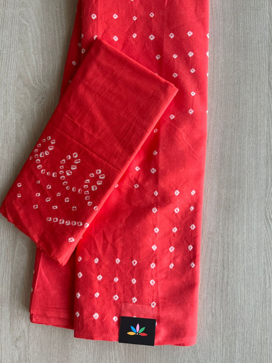 Scarlet Red Coral Tie and Dye Handcrafted  Bandhani Cotton Saree -29400