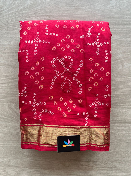 Bright Red Zari Border Rich Pallu Tie and Dye Handcrafted Bandhani Fine Cotton Saree -29401